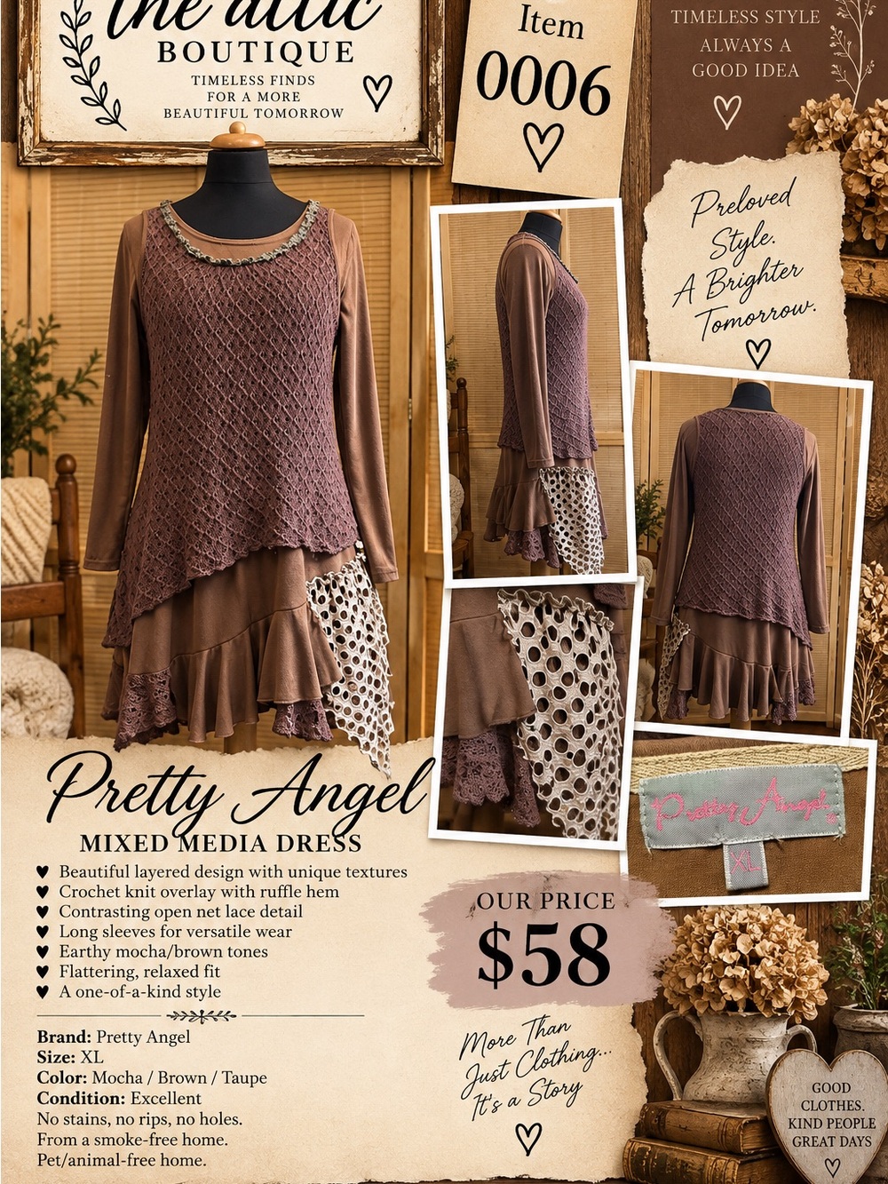 Pretty Angel Layered Mixed-Media Dress in Mocha and Brown
